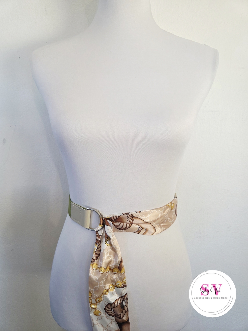 Beige & Gold Patterned Scarf Tie Belt